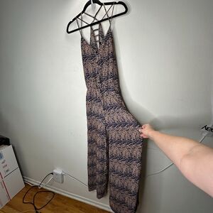 Fora Tan & Navy Front Button Strappy Decorative Back Wide Leg Jumpsuit Small